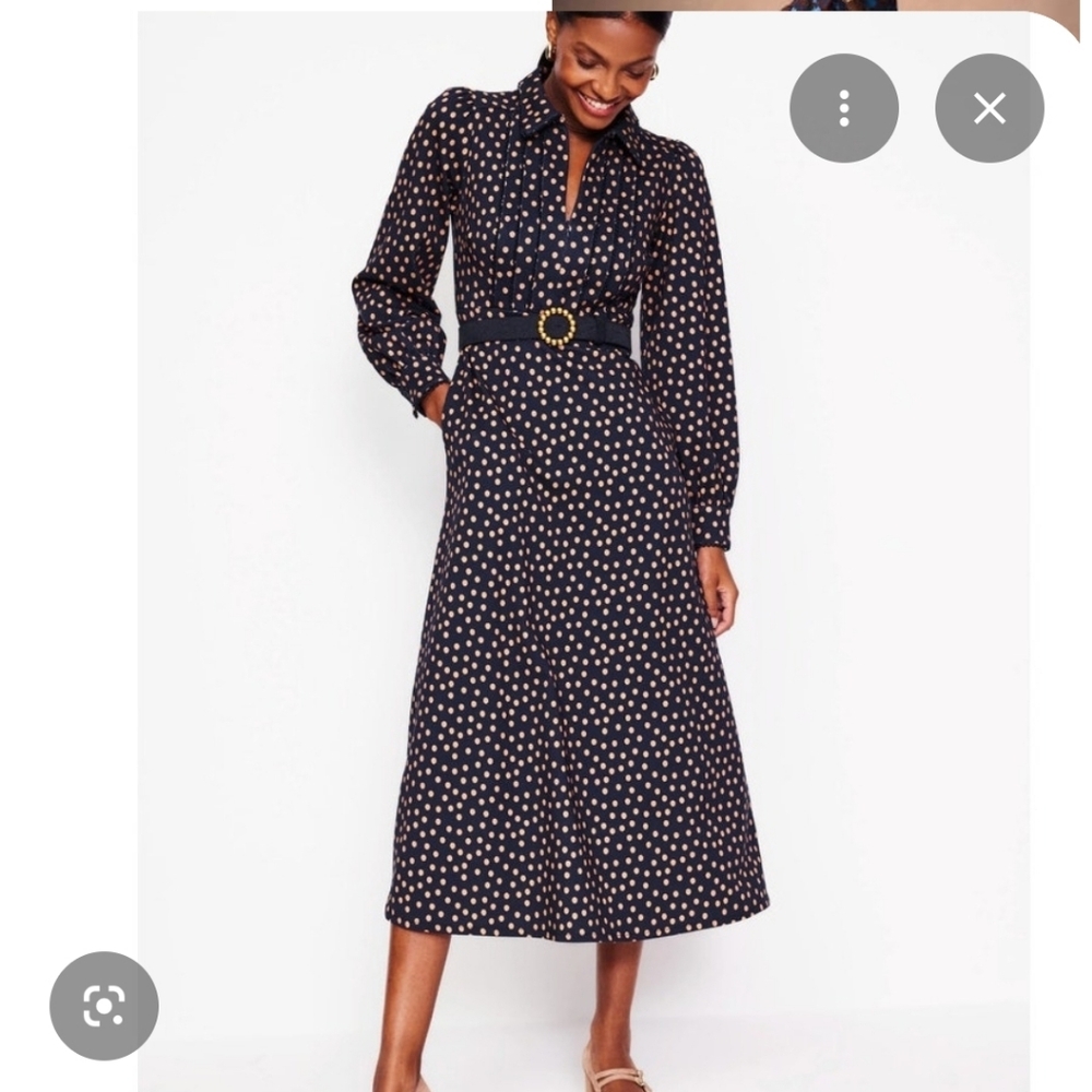 Boden piping ponte zipup dress navy polka dots 12L long tall 12 12T EUC